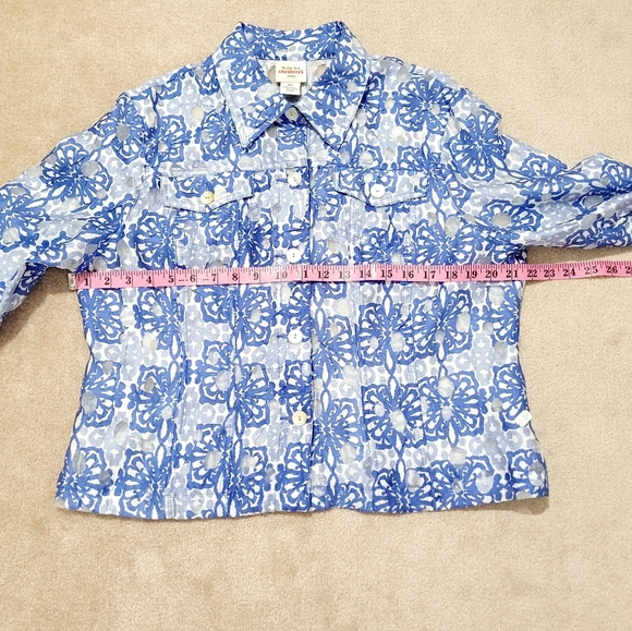 Ruby Rd Favorites Floral Sheer Button-Up Jacket Roll-Tab Sleeve Women’s 16P Blue - Picture 5 of 11